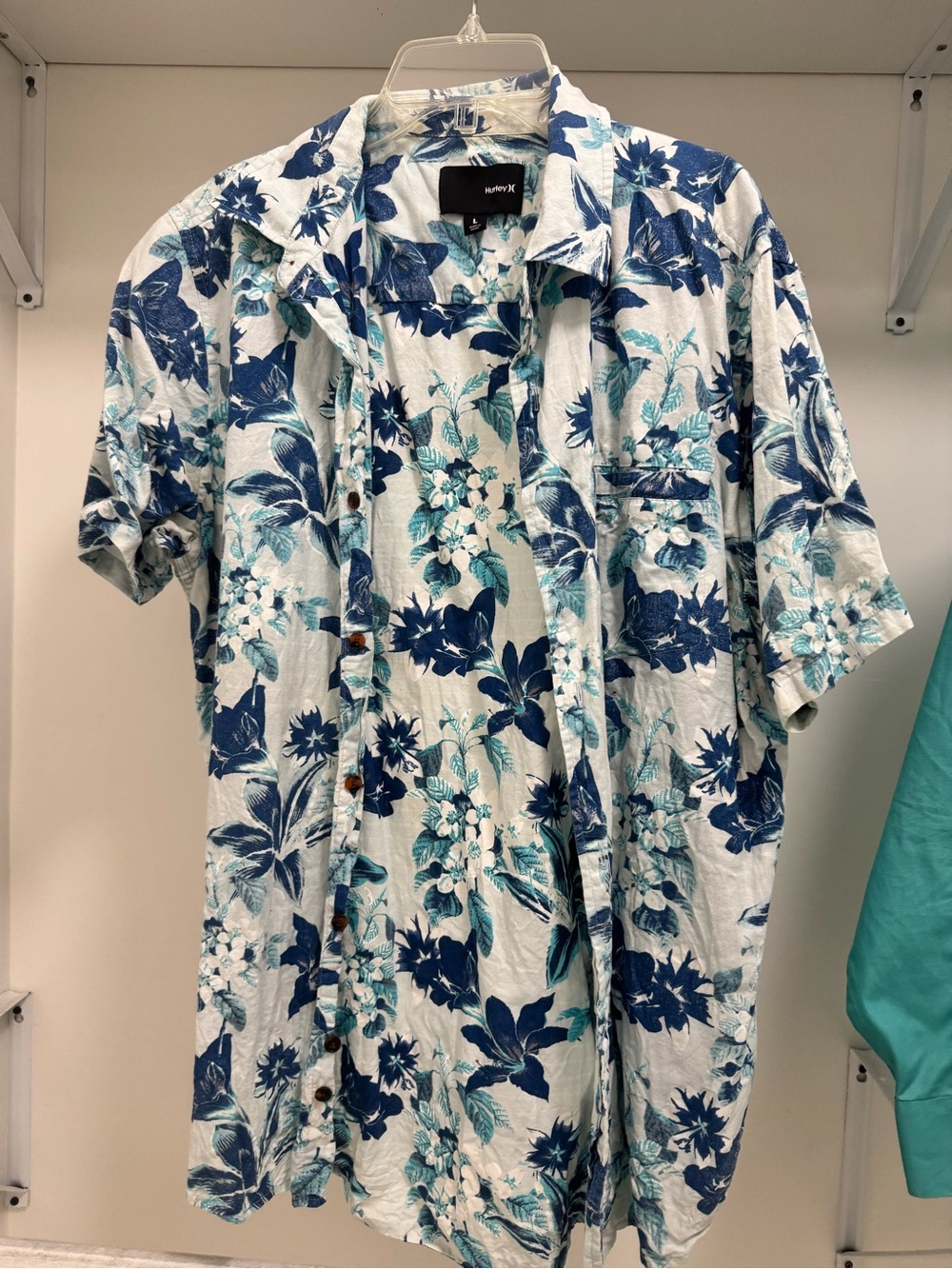 Hurley Teal and Navy Floral Short Sleeve Button-Up Shirt